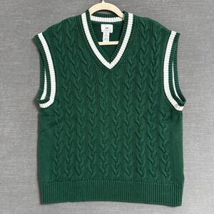 H&M Green Cable Knit V-Neck Sweater Vest with White Trim